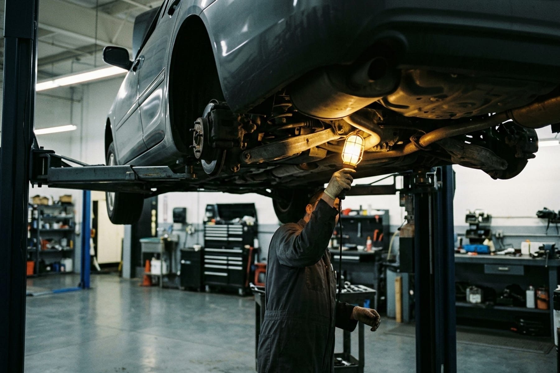 Photographie d’un atelier automobile éclairé la nuit